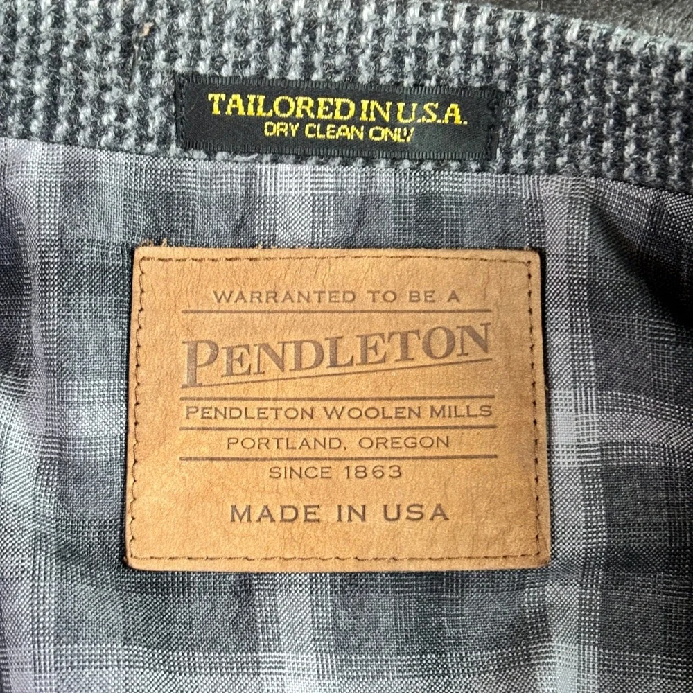 Pendleton Blazer 44R Gray Wool Houndstooth Suede Elbow Patches Heritage Academia